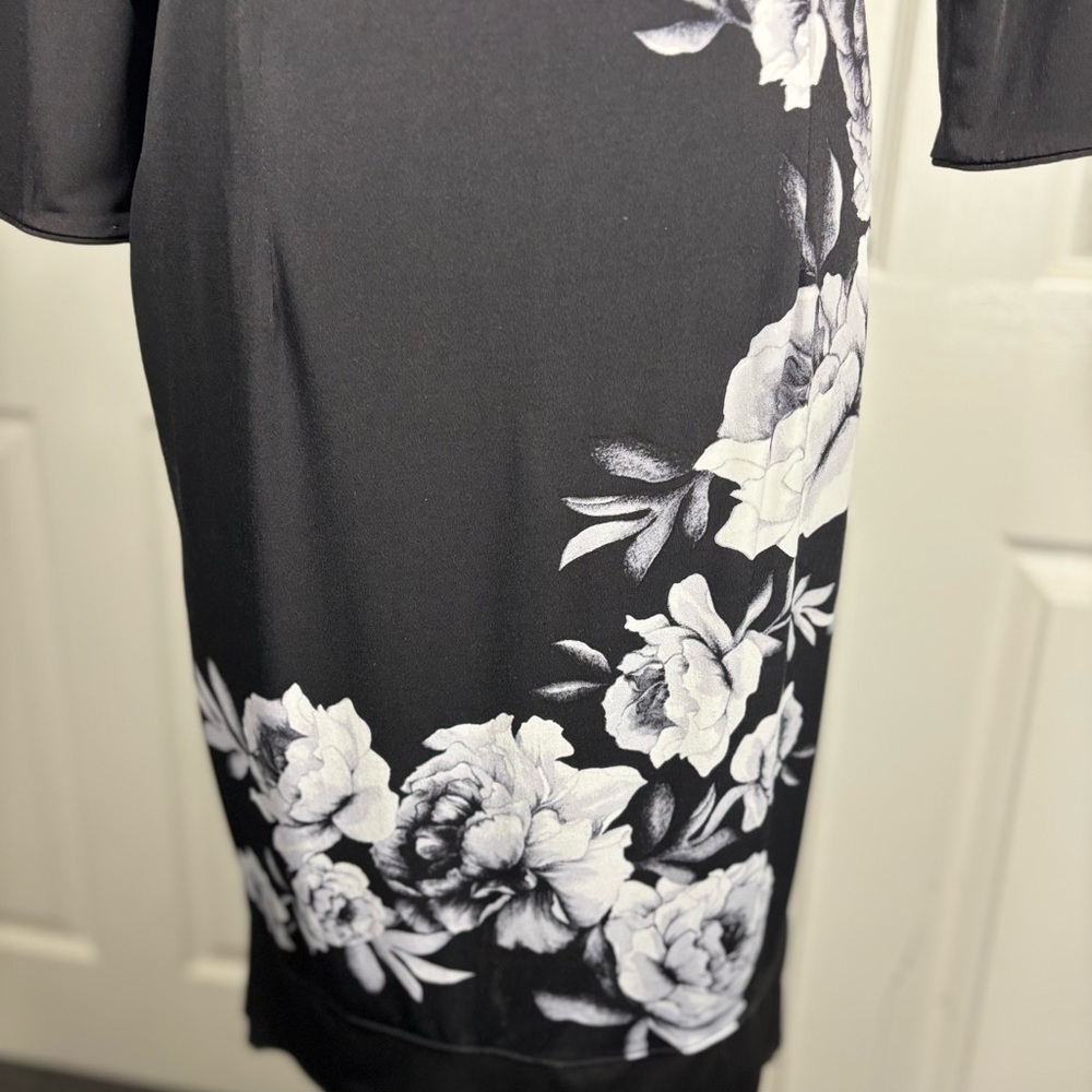 White House Black Market Asymmetrical Black Dress with White Floral Design - Picture 4 of 13